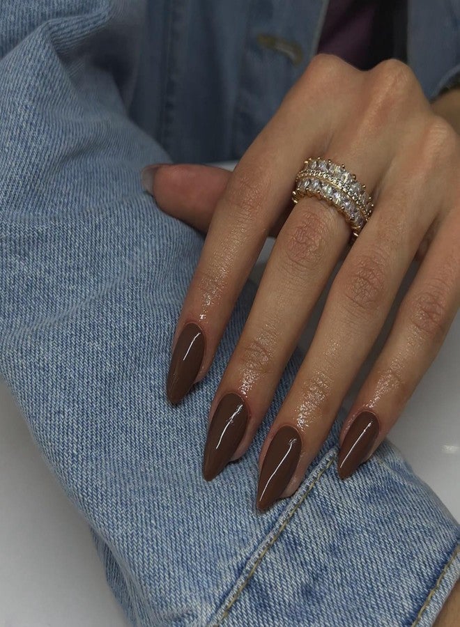 XCREANDO Brown Almond Shaped Nails, Medium Length, 24pcs Press On False Nails, Reusable, No UV Light Needed - Image 2